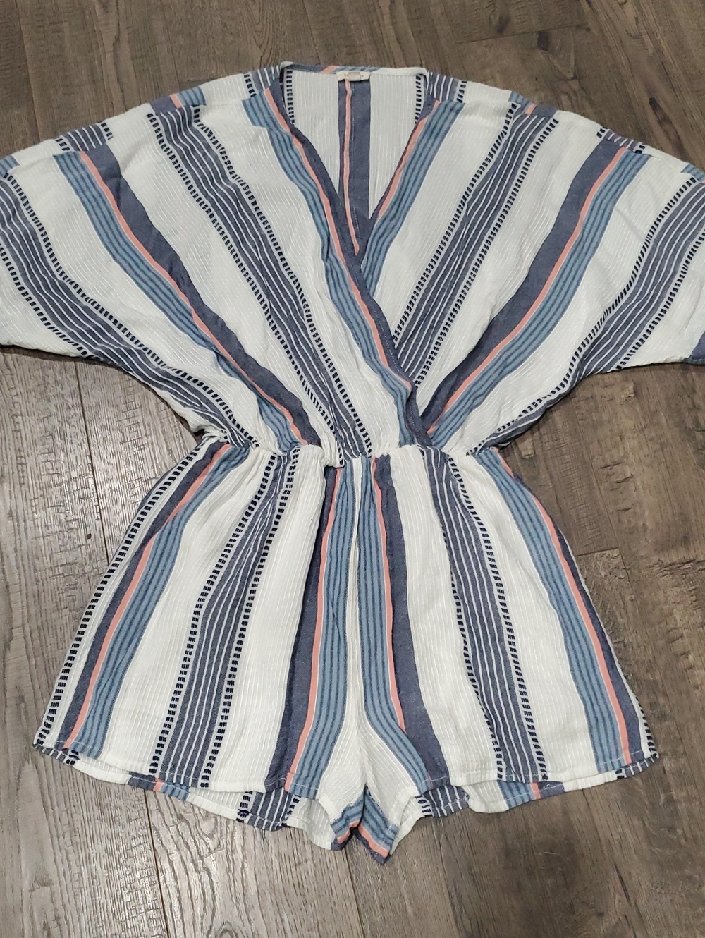 En Creme Striped Wrap Romper in White, Blue & Pink